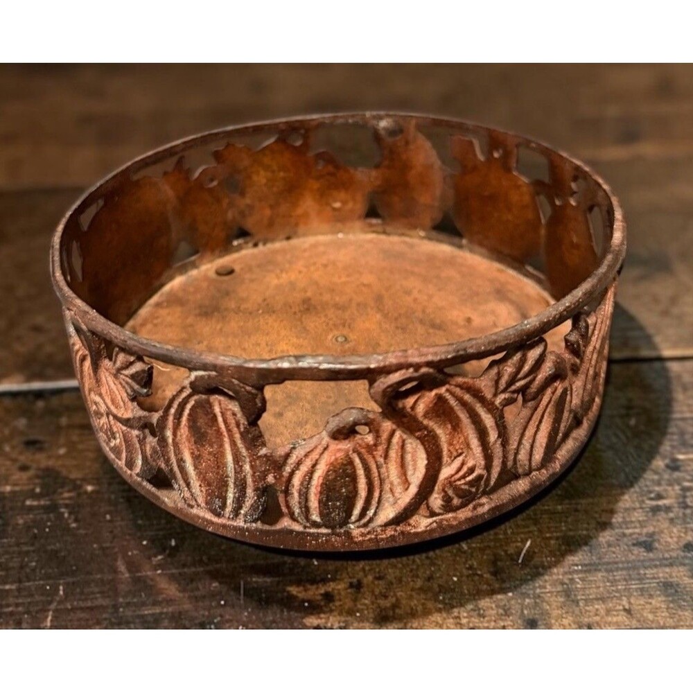 Rustic Metal Carved Autumn Fall Pumpkin 3 Wick Jar Candle Holder 6.5”